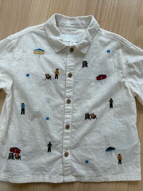 Zara Embroidered Shirt - White Button Down  with Colorful Beach Embroidery